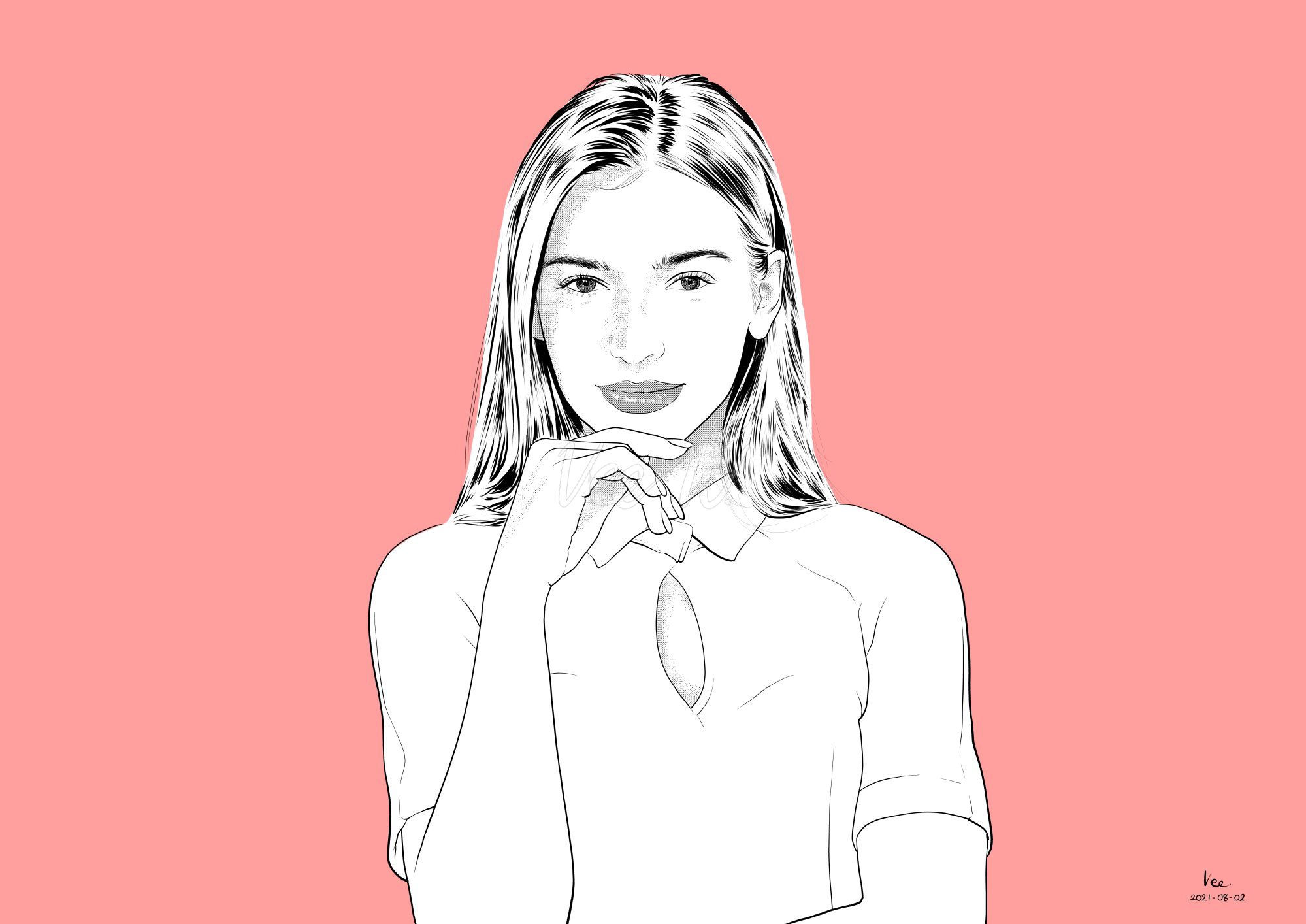 A woman and pink background